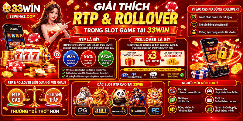 Giải thích RTP và rollover trong slot game tại 33WIN&nbsp;